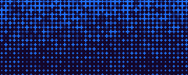 First Aid Medical Background Pattern Texture, Blue Plus Symbols Halftone Gradient On Dark BG, Modern Backdrop Wallpaper For Emergency, Insurance, And Healthcare Apps. Vector Illustration