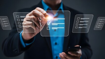 Businessman is interacting with a holographic checklist, virtually ticking off items on a transparent screen.