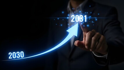 Businessman points at a glowing arrow indicating growth from "2030" to "2031" against a dark background.