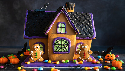 Spooky Halloween Gingerbread House Decorated with Candy and Gingerbread Men.