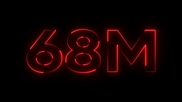 Neon Red 68 Million Number Sign Glowing Digit 68 M Isolated on Black Background glowing number