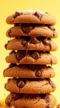 Melted chocolate dripping down a stack of soft cookies on yellow background, indulgent sweet bakery dessert