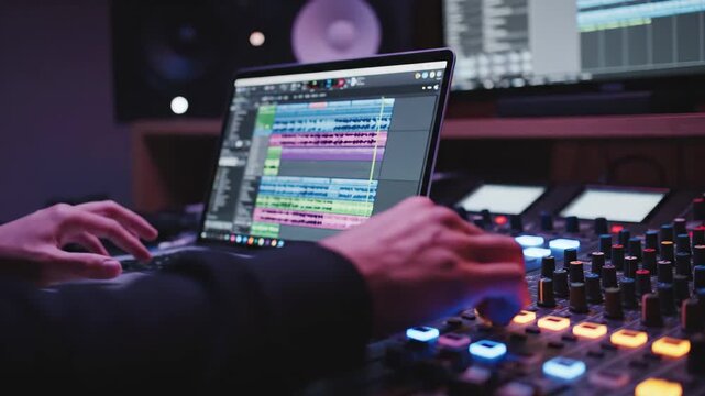 Audio engineer adjusting sound mixer knobs next to laptop showing daw software, 4k high quality