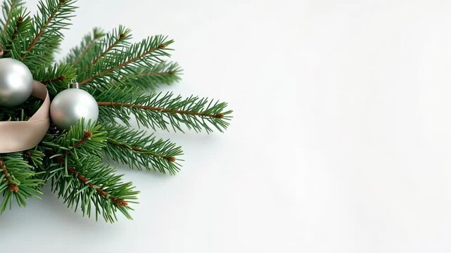 Elegant silver Christmas tree ornaments adorn lush green fir branches with a satin ribbon accent against a clean, bright white background, offering ample copy space for holiday greetings.