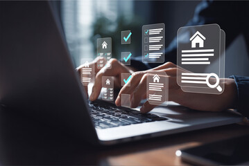 Digital Real Estate Management: Person Using Laptop with Virtual Property Documents and Checklists Interface