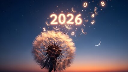 A magical dandelion clock, with its seeds blowing away and transforming into tiny glowing numbers "2026" against a twilight sky with the first stars.