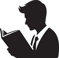 Minimalist silhouette of a focused man in a shirt and tie, diligently reading a book. Ideal for educational or business learning concepts.