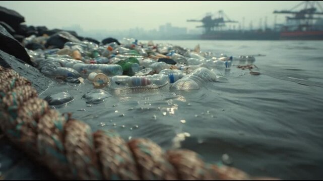 Cinematic Close-up Shot of Pollution in a Harbour Landscape