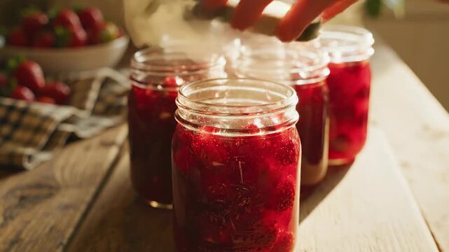 Making of homemade berry jam close up of filling glass jar
