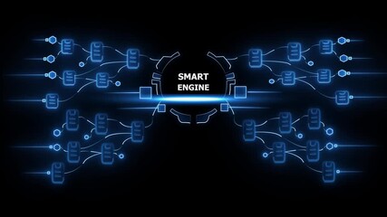 Futuristic digital network diagram with glowing blue nodes and lines on black background technology data - Powered by Adobe