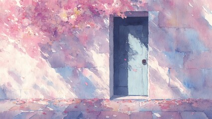花びらが舞う静かな扉の水彩イラスト 春の情景背景