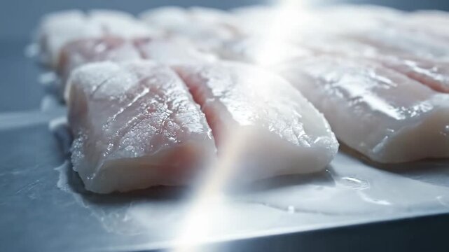 Raw fish fillets arranged in rows ready for food processing