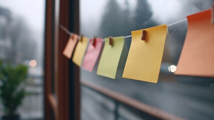 Colorful sticky notes pinned on a string against a misty blurred window background