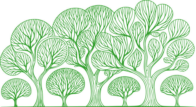 Dense green stylized foliage trees with intricate leaf patterns