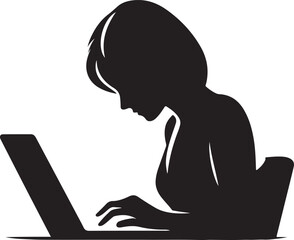 Silhouette of a woman focused on her laptop, depicting concepts of online work, study, or browsing.