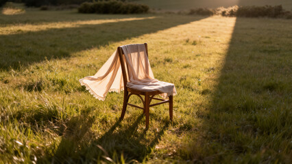Grassland Wooden Chair & Scarf Sunset Light and Shadow Photography