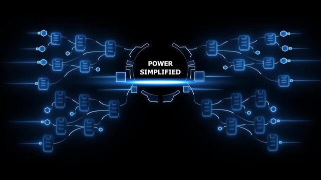 Power simplified concept shown through a glowing blue digital network and node connections diagram