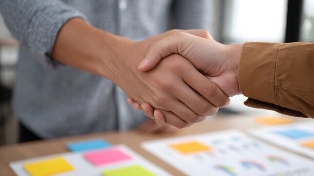 Two individuals shaking hands over a desk with business documents charts and sticky notes - Powered by Adobe