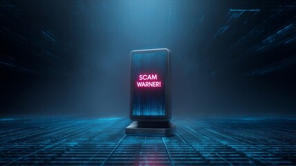 Futuristic smartphone displaying scam warning in neon blue digital environment