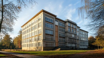 Obraz premium Autumnal Elegance: A Majestic Multi-Story Building in Park-like Setting