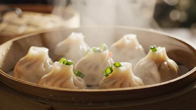 Steaming dumplings in bamboo steamer close up culinary preparation