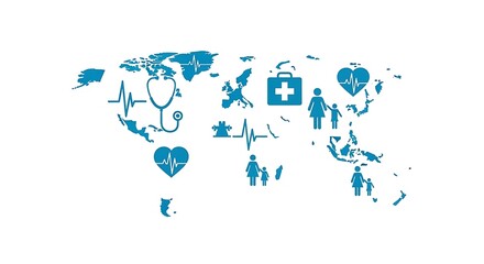 World Health Map with Family, Stethoscope, and Heartbeat Icons