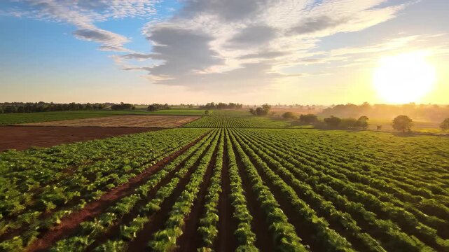 Vast agricultural field with rows of green crops stretching towards a bright sunrise or sunset over a distant tree line under a partly cloudy sky, 4k high quality