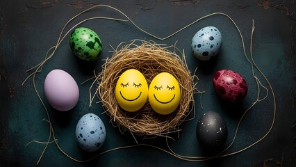 Easter sunday smiling eggs in nest with colorful decorative easter eggs