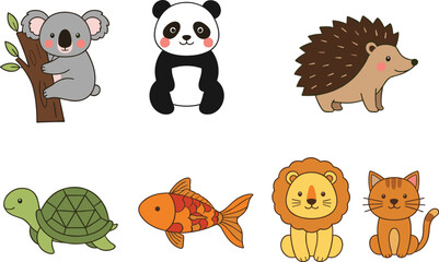 Cute animal cartoon set featuring koala panda hedgehog turtle fish lion and cat for kids and nursery design © Rozina Creative