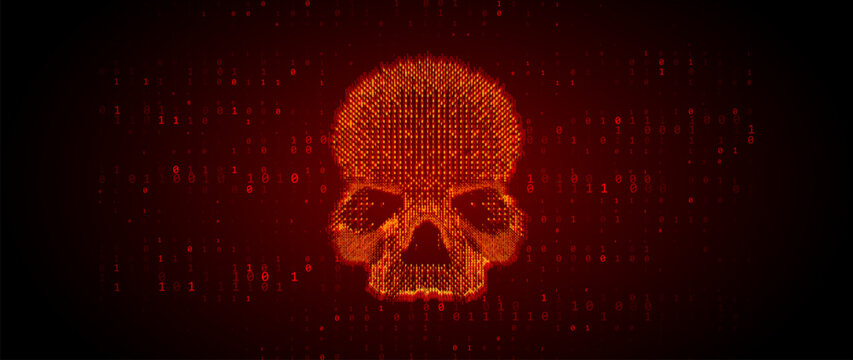 System Hacked Error Dark Red Glitched Skull Background. Digital Scam, Fraud, Computer Virus, Malware, Ransomware, Data Breach Concept. Vector Illustration.