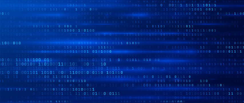 Abstract Binary Software Programming Code Background. Random Parts of Program Code. Digital Data Technology Concept. Random Binary Data Matrix Wide Vector Illustration.