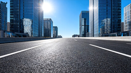 Urban Empty Highway & Skyscraper Sunlight Photography