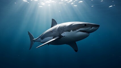 Obraz premium Majestic shark swimming underwater with sunbeams shining through ocean waves