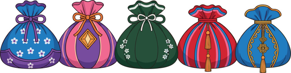 Decorative colorful money bags with elegant patterns, floral elements and tassels for celebration, prosperity and festive design themes © Rozina Creative