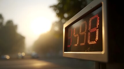 A bright red digital display shows 4548 amidst a misty early morning sunrise with blurred trees and street lights in the background
