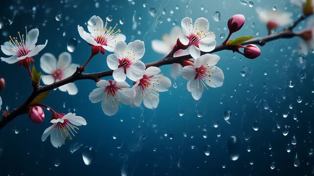 Elegant alycha cherry blossom branch behind rain-covered glass, deep blue gradient background