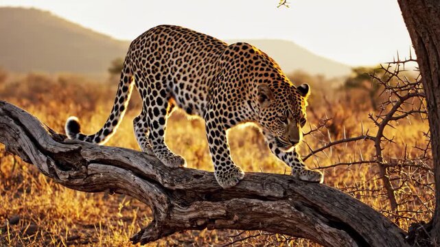 Leopard walking on a thick, dry tree branch in the golden light of the african savanna at sunrise or sunset, 4k high quality
