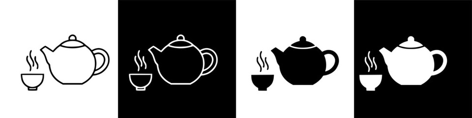 Cozy hot tea serving icon set with steaming cup and classic teapot graphic