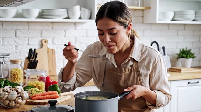 Woman tasting homemade soup from a pot while cooking in a modern kitchen with fresh vegetables nearby, 4k high quality