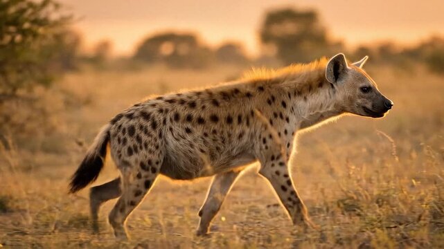 Spotted hyena standing in savannah at sunset with warm golden light