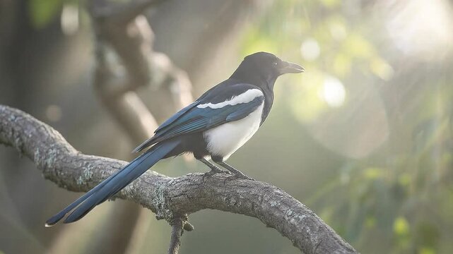 Majestic magpie perched on tree branch in natural setting