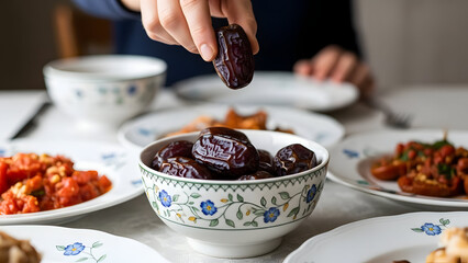 A hand holds a date over a bowl of dates on a table with various dishes
