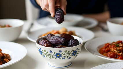 A hand holding a date over a bowl of dates and other dishes on a table