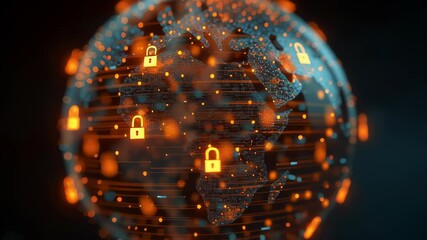 Glowing digital globe with lock icons representing global cybersecurity data protection and secure international network connections - Powered by Adobe