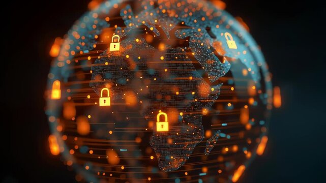 Glowing digital globe with lock icons representing global cybersecurity data protection and secure international network connections - Powered by Adobe