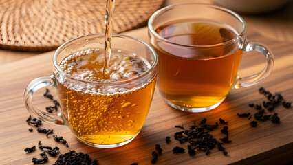 Two glass mugs of tea on a wooden table with tea leaves scattered around them being poured