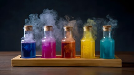 Vibrant colored liquids in glass bottles produce rising smoke on a wooden stand