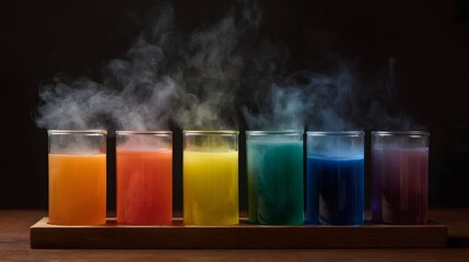 Six colorful liquids in beakers emitting steam arranged in a rainbow spectrum on a wooden tray against a dark background