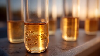 Close up of test tubes filled with amber liquid and rising bubbles illuminated by the warm glow of golden hour light