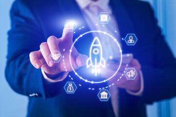 Business professional interacting with digital interface displaying startup ideas and opportunities